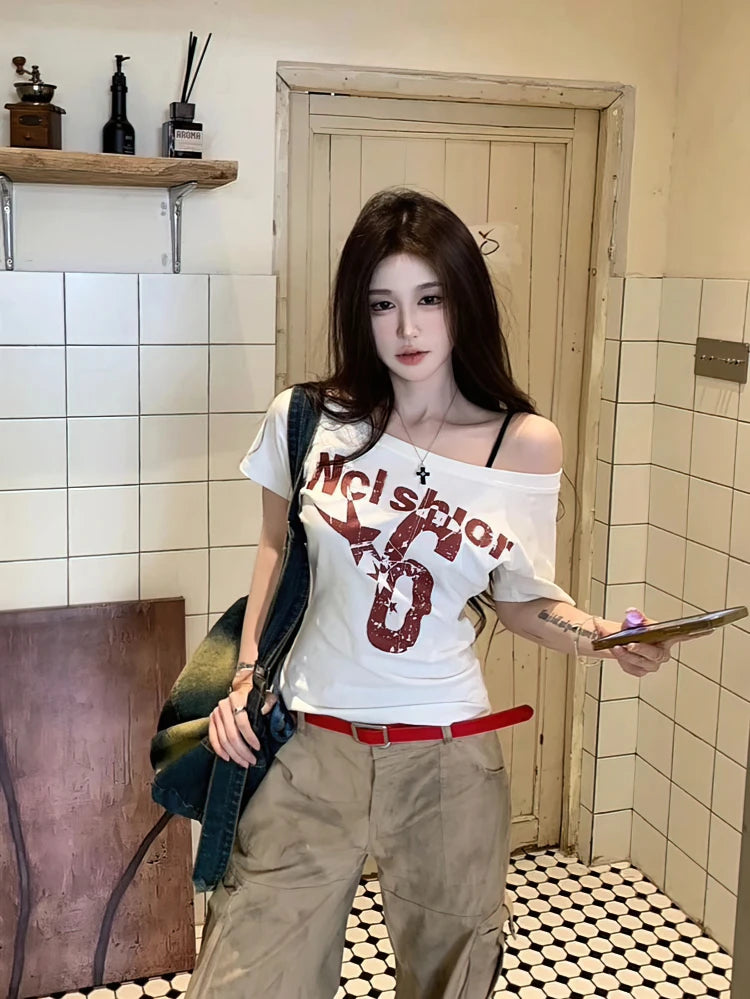 Y2k Sport Summer Off shoulder Top Women Sexy Vintage 2000s Short sleeve T shirt Lady Body Basic Crop Top Female Casual by KATA - Tropical Star