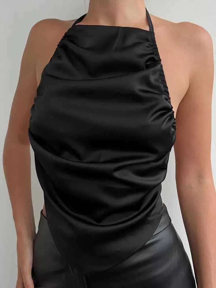 BKQU Satin Women Halter Top Solid Color Irregular Sexy Backless Slip Tank Top 2025 Summer New Party Hot Girl Y2k Ruched Camisole by KATA - Tropical Star