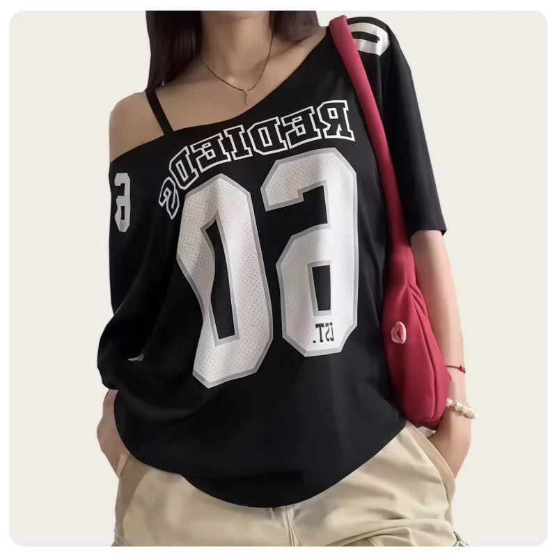 Summer American 90S Style Loose Casual Top with a Disappearing Bottom Effect, Off-Shoulder Sporty Short-Sleeve T-Shirt by KATA - Tropical Star
