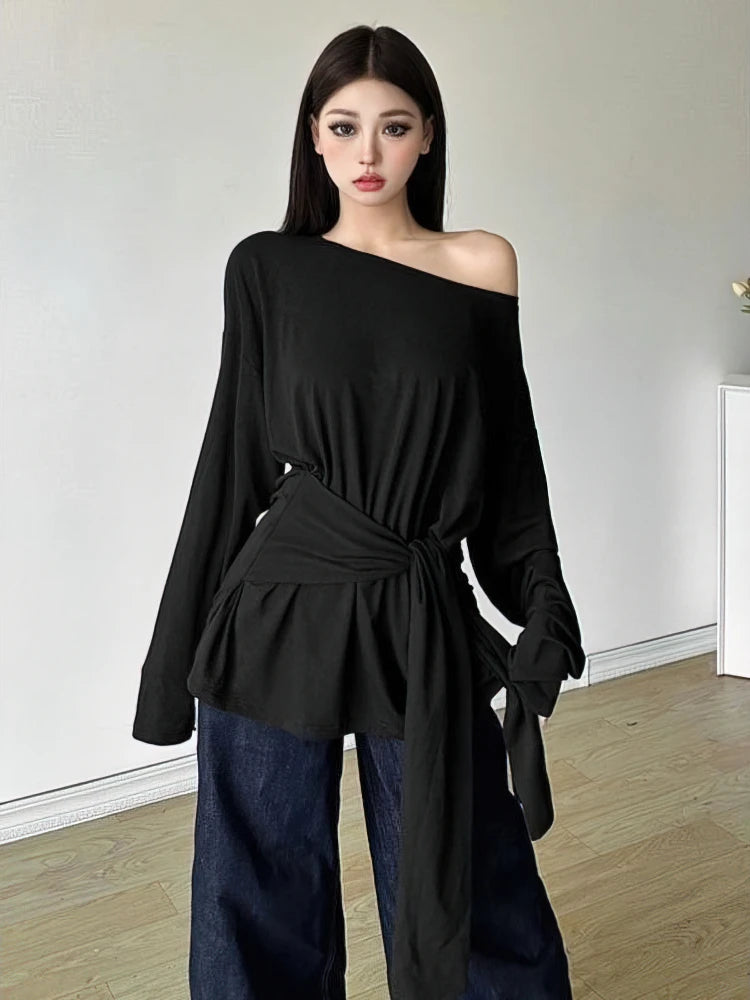 See Through Long sleeve Oversize T shirt Women Sexy Back Bandage Off shoulder Top Female Basic Long Tees Korean Chic Lady New by KATA - Tropical Star