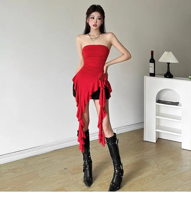 Women Bustier Tops Irregular 3D Roses Ruffle Slim Aesthetic Summer Chic Streetwear Tops Solid Red Womenswear Black White Sexy by KATA - Tropical Star