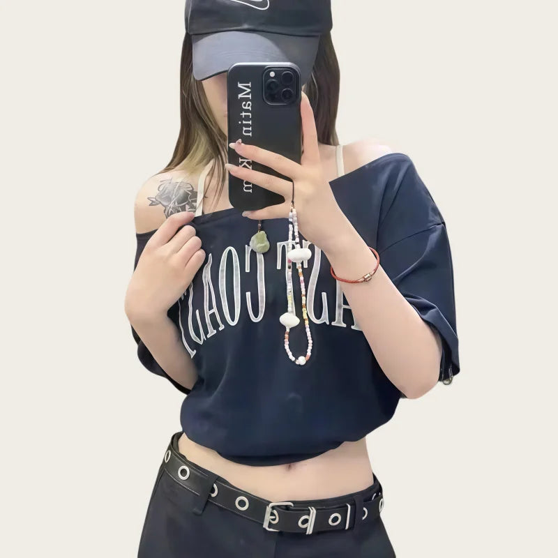 American-Style Short-Sleeved T-Shirt for Women, Summer Design, Finterest Slimming, Loose, Retro Off-Shoulder Top
