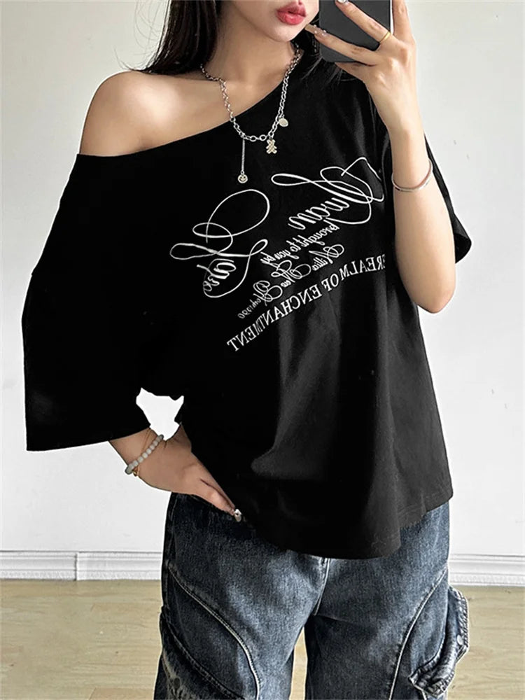 Weird Puss Slanted Dhoulders Woman T-shirt Letter Print Basic Casual Relax Soft Street Basic Classic Fashionable Slim Chic Tees by KATA - Tropical Star