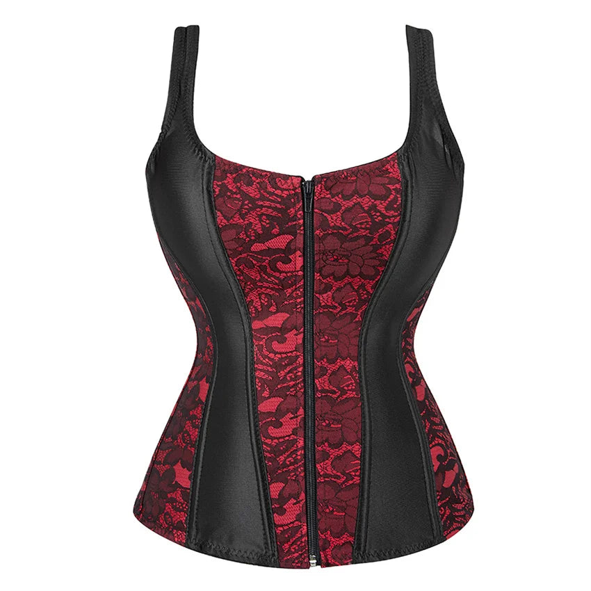 Women Corset with Straps Black Overbust Corset Plus Size Floral Jacquard Corset Zipper Top Gothic Steampunk Corset Bustier