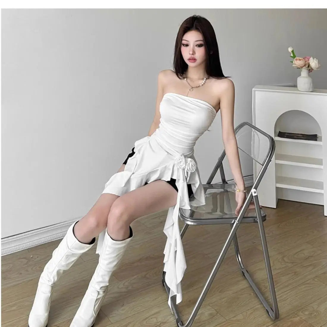 Women Bustier Tops Irregular 3D Roses Ruffle Slim Aesthetic Summer Chic Streetwear Tops Solid Red Womenswear Black White Sexy by KATA - Tropical Star