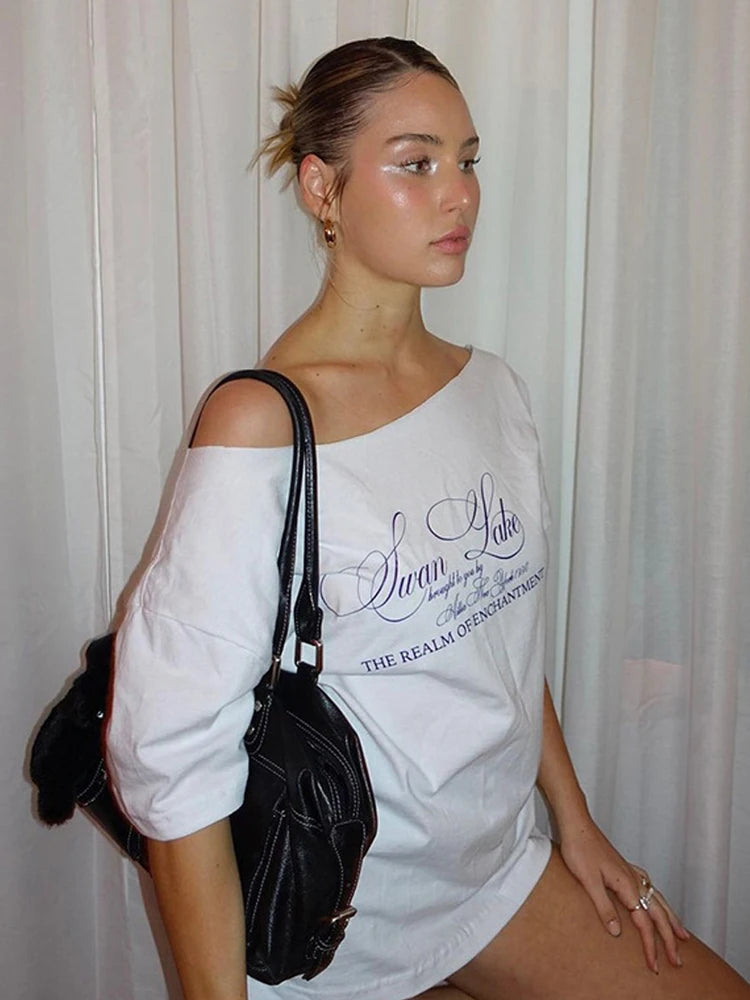 Weird Puss Slanted Dhoulders Woman T-shirt Letter Print Basic Casual Relax Soft Street Basic Classic Fashionable Slim Chic Tees
