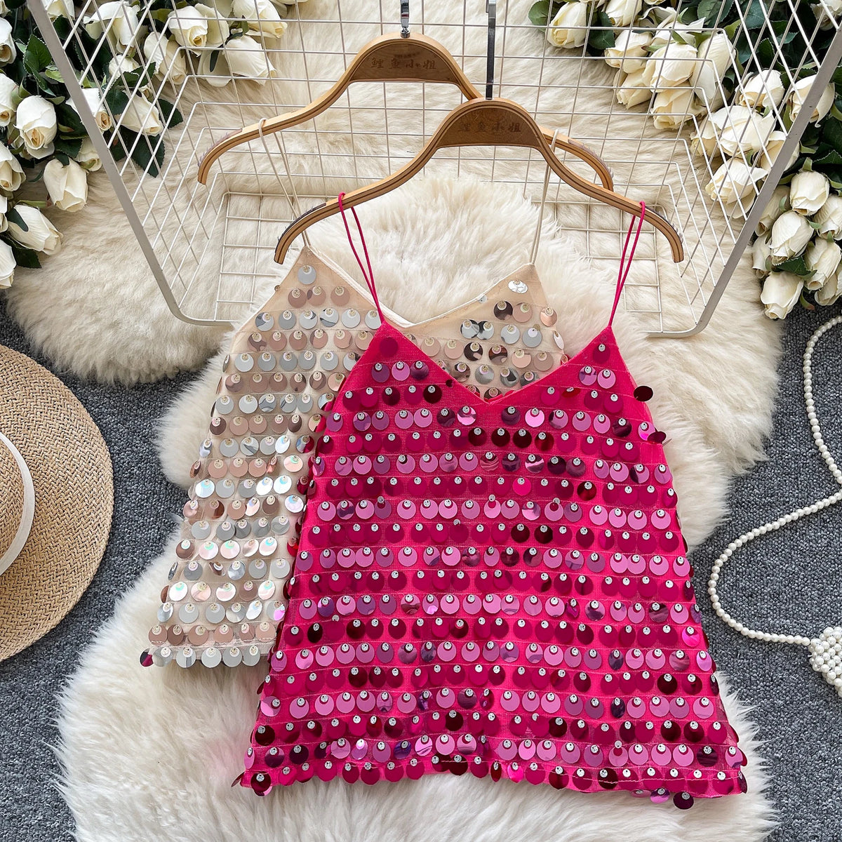 SINGREINY Sexy Sequined Club Mini Camis Sleeveless V Neck Solid Design Performance Camisoles Women Summer Hot Basics Party Tops by KATA - Tropical Star