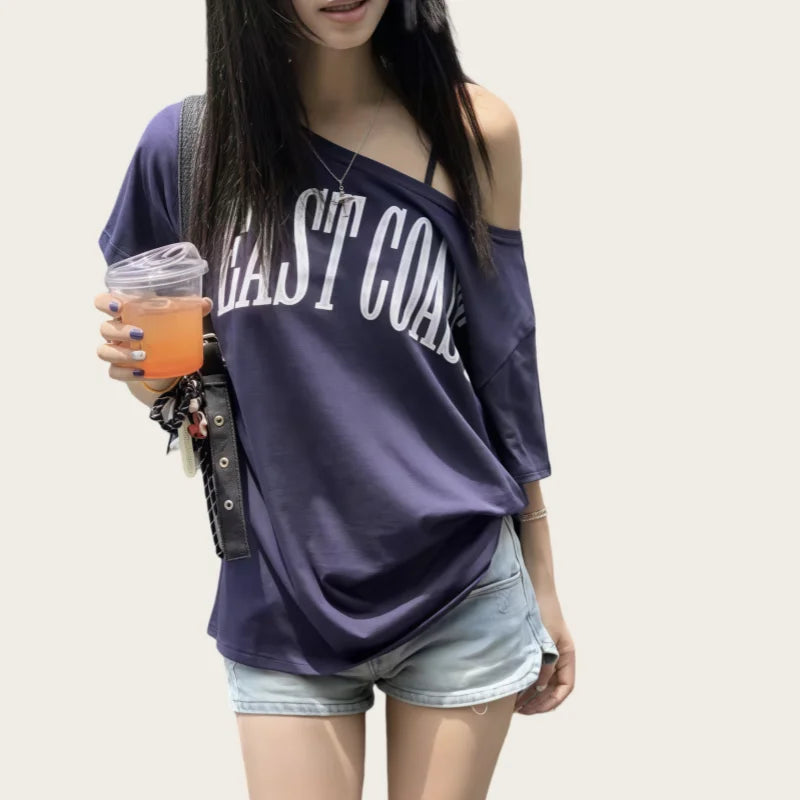 American-Style Short-Sleeved T-Shirt for Women, Summer Design, Finterest Slimming, Loose, Retro Off-Shoulder Top