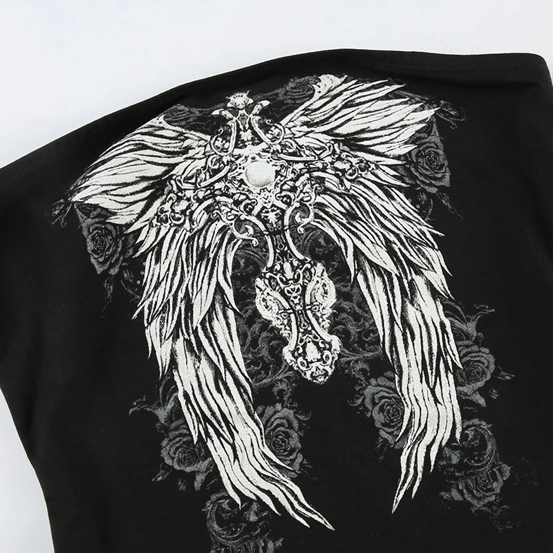 Gothic Print Black Tube Top Women Strapless Skinny Cropped Tops Summer Casual Chic Graphic Tees Y2K Streetwear Vest Basic