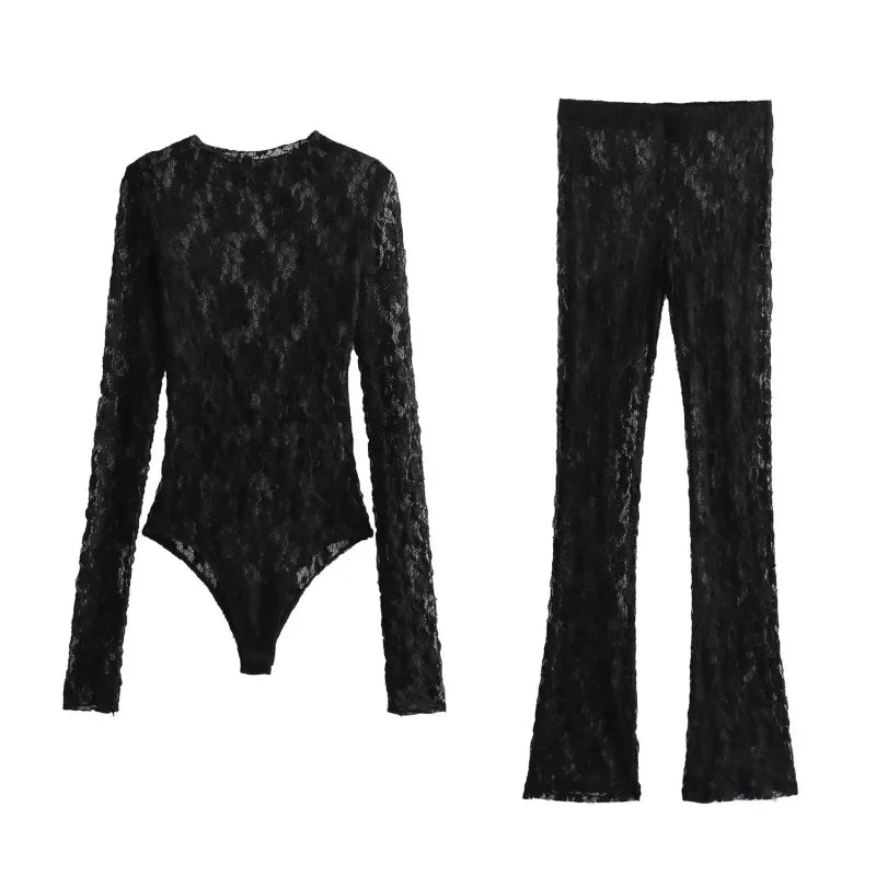 Women’s Sexy Lace Bodysuit Set Long Sleeve Top Flared Pants Party Wear Size Runs Small Trendy Style ﻿by KATA - Tropical Star