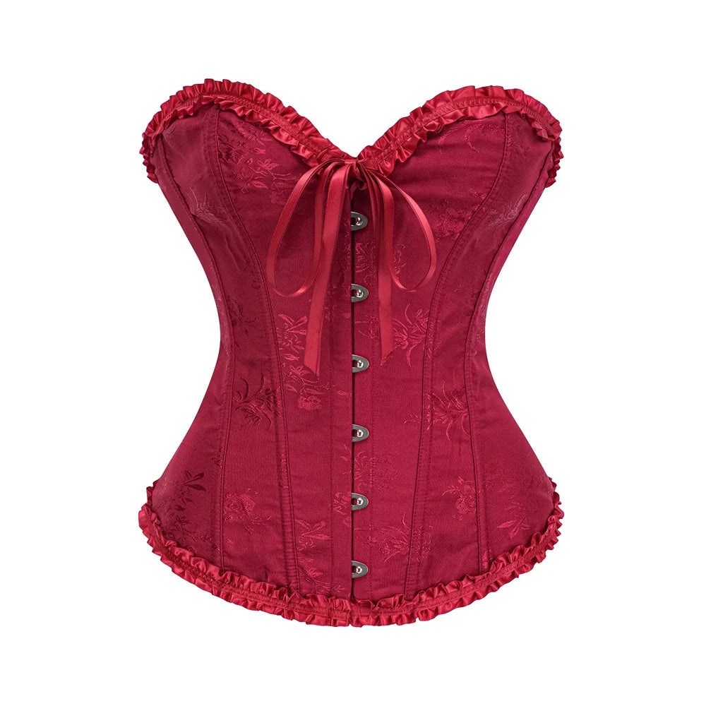 Yellow Jacquard Ruffled Trim Boned Sexy Overbust Push Up Bustier Top Corset Mujer Slimming Corsets For Women Sexy Gothic Clothes