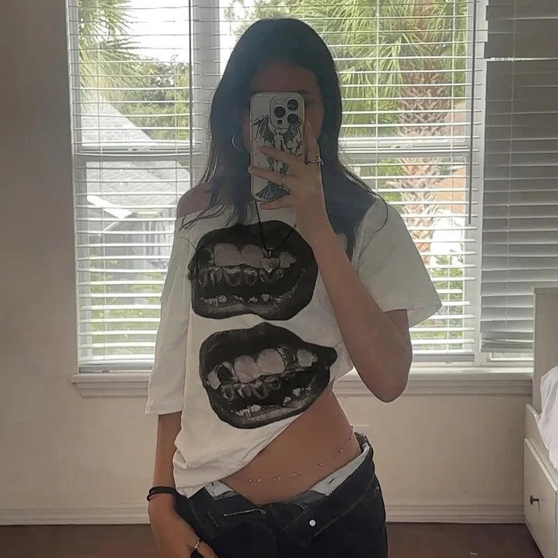 American Street Hip Hop Mouth Print Loose T-shirt Women Personalized Casual Top by KATA - Tropical Star