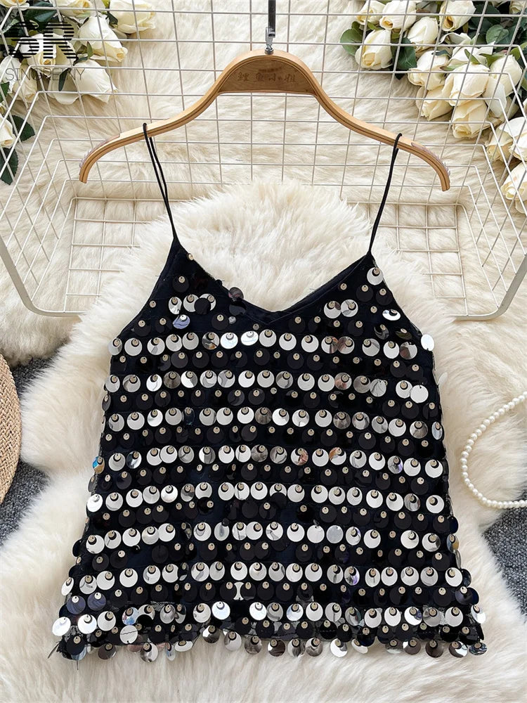 SINGREINY Sexy Sequined Club Mini Camis Sleeveless V Neck Solid Design Performance Camisoles Women Summer Hot Basics Party Tops by KATA - Tropical Star