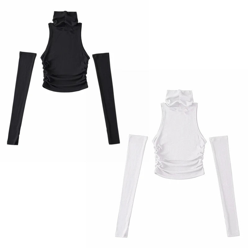 Woman Clothes Fall 2025 Tank Top Sleeve Cover Sleevless Side Pleats Turtleneck T-shirt Sexy Ribbed Knitted Tops Y2k 2529 by KATA - Tropical Star