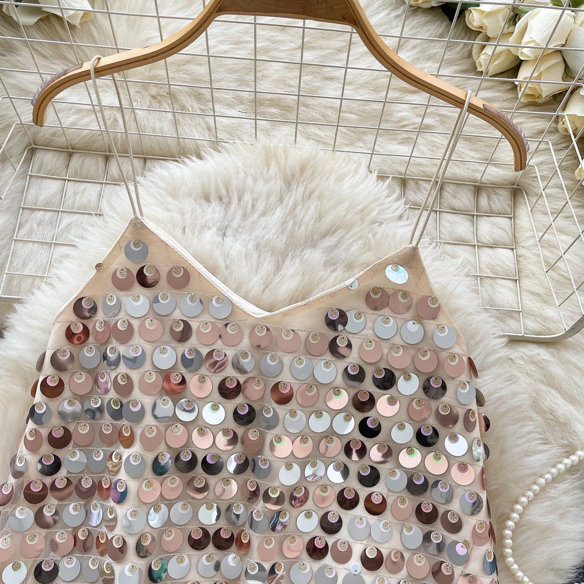 SINGREINY Sexy Sequined Club Mini Camis Sleeveless V Neck Solid Design Performance Camisoles Women Summer Hot Basics Party Tops