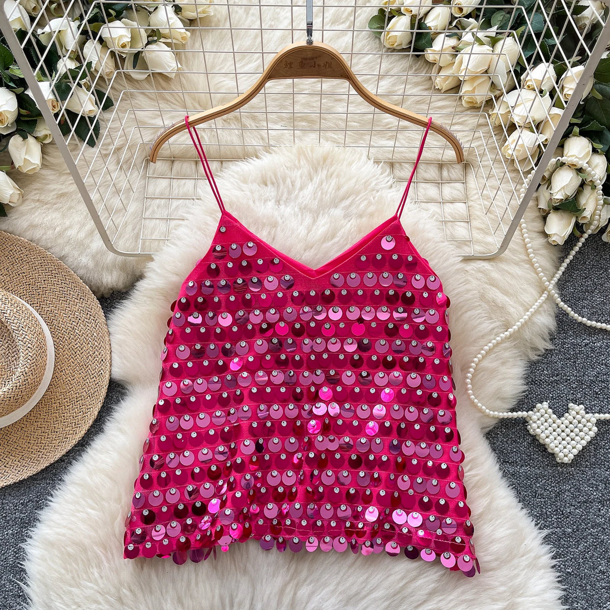 SINGREINY Sexy Sequined Club Mini Camis Sleeveless V Neck Solid Design Performance Camisoles Women Summer Hot Basics Party Tops