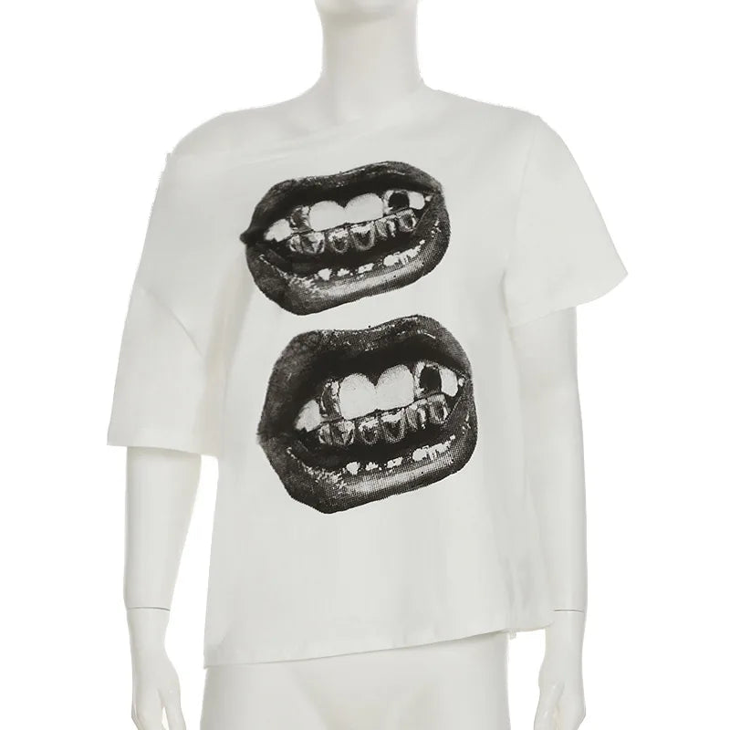 American Street Hip Hop Mouth Print Loose T-shirt Women Personalized Casual Top by KATA - Tropical Star