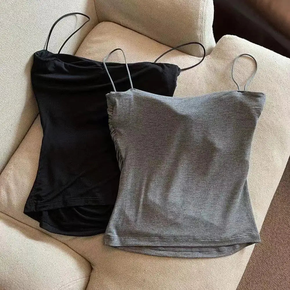 Y2K Sexy Tank Tops Women Spaghetti Strap Crop Top With Bra Bodycon Sleeveless Cami Tube Top Basic Camisole Tees Korean Clothes