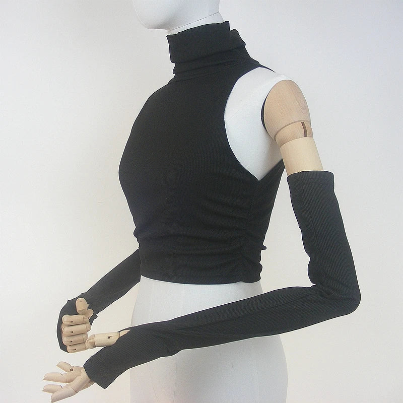 Woman Clothes Fall 2025 Tank Top Sleeve Cover Sleevless Side Pleats Turtleneck T-shirt Sexy Ribbed Knitted Tops Y2k 2529 by KATA - Tropical Star