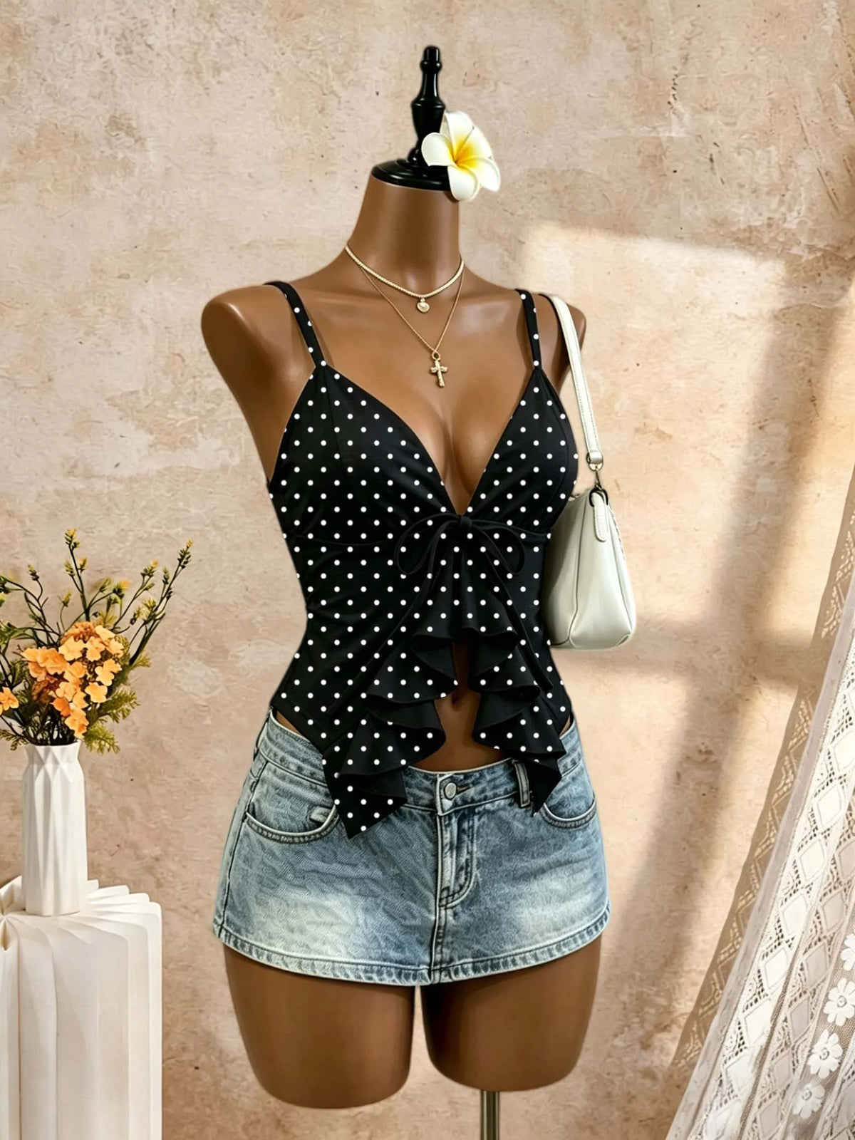 Women Thin Spaghetti Strap Deep V Front Self Tie Ruffle Hem Slim Crop Camisole 2026 Summer Y2K Solid White Sleeveless Going Out