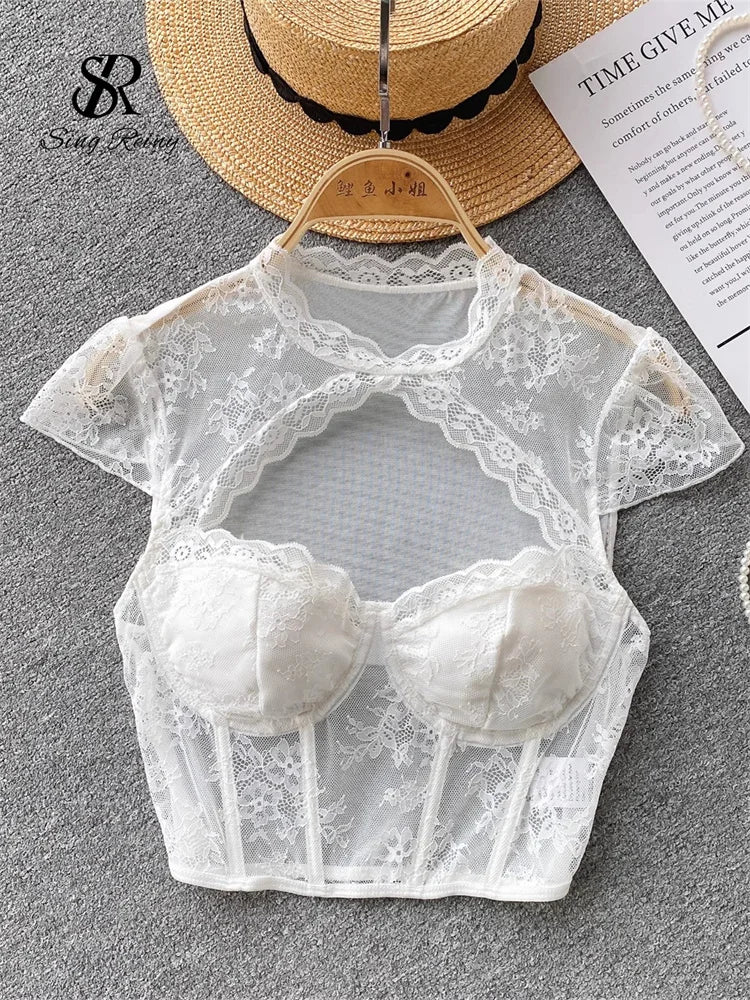 SINGREINY American Sexy Sheer Lace Blouse Women Short Sleeves Hotsweet Chiffon Shirt Fashion Hollow Out Chest Slim Summer Tops by KATA - Tropical Star