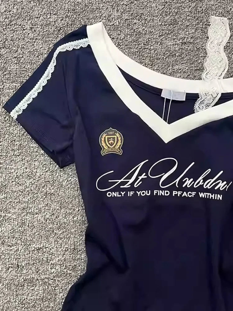 Millennium style Gothic Hot Girl Waist Splicing Lace Strap Short Sleeve T-shirt for Women 2025 New Summer navy blue slim fit top by KATA - Tropical Star