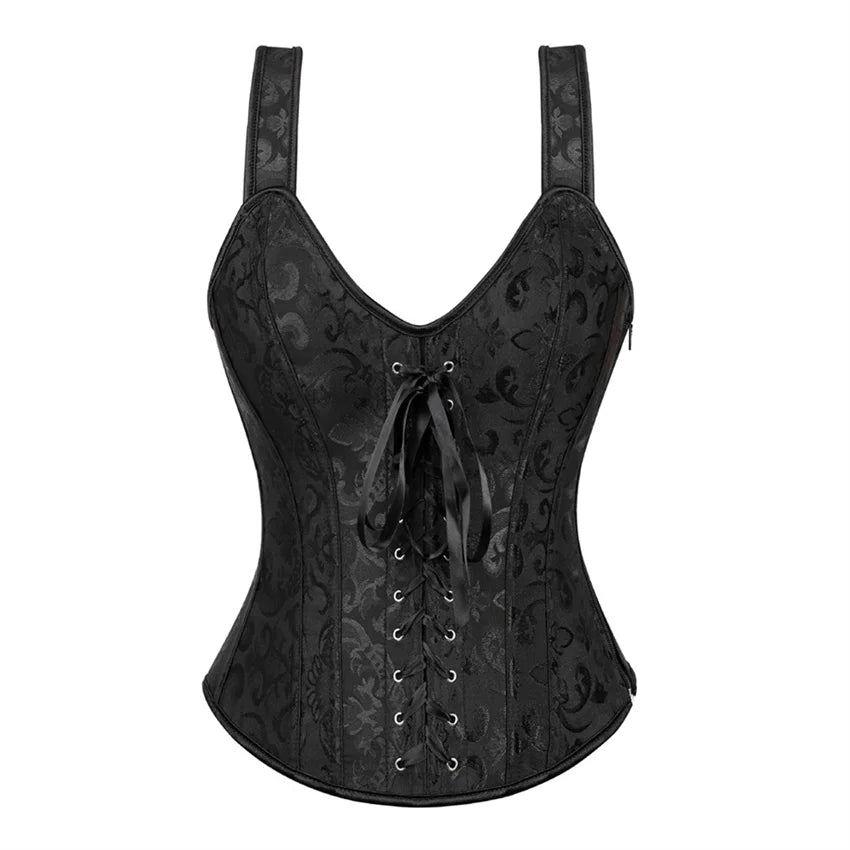 Women Corset with Straps Black Overbust Corset Plus Size Floral Jacquard Corset Zipper Top Gothic Steampunk Corset Bustier
