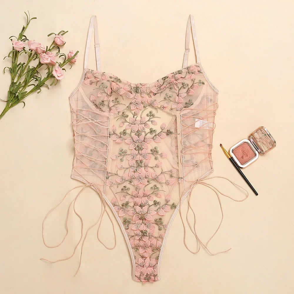 Porn Suit Floral Lace Embroidery Bodysuit Women Sexy Lingerie Bandage See Through Deep V Backless Body Suit Exotic Underwear by KATA - Tropical Star