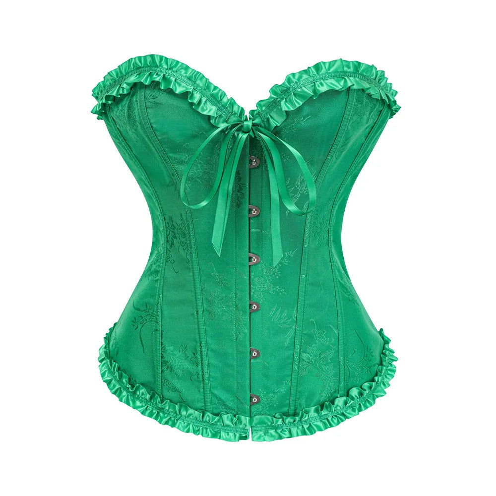 Yellow Jacquard Ruffled Trim Boned Sexy Overbust Push Up Bustier Top Corset Mujer Slimming Corsets For Women Sexy Gothic Clothes