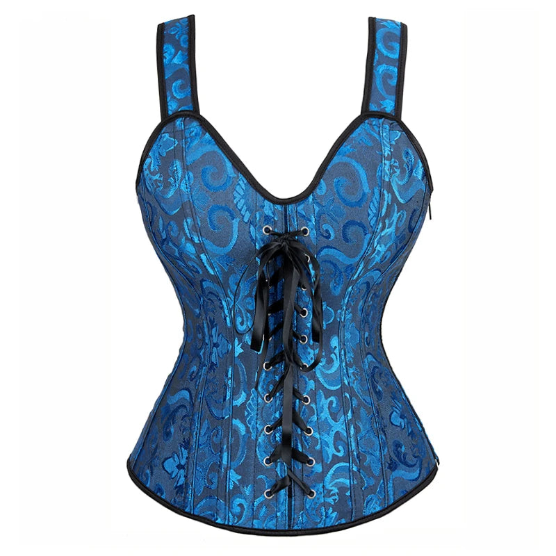Women Corset with Straps Black Overbust Corset Plus Size Floral Jacquard Corset Zipper Top Gothic Steampunk Corset Bustier