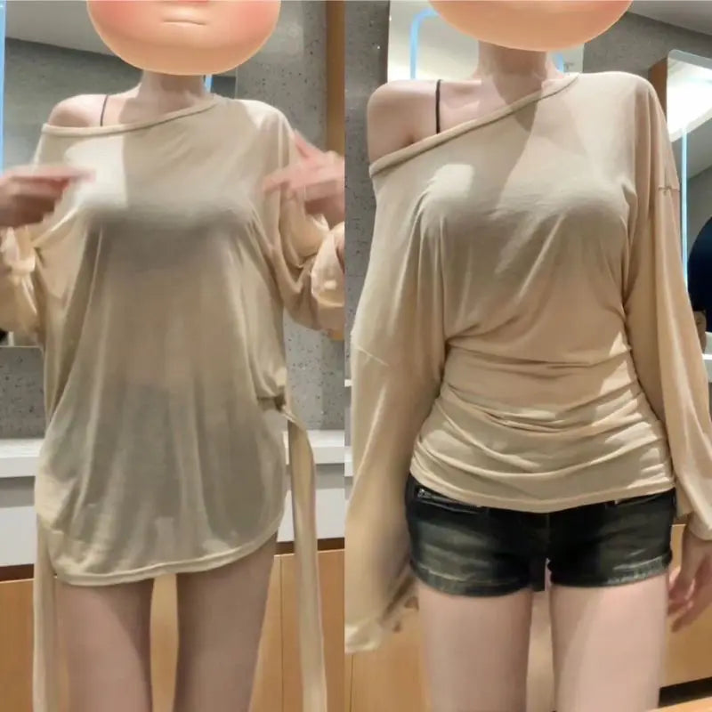 See Through Long sleeve Oversize T shirt Women Sexy Back Bandage Off shoulder Top Female Basic Long Tees Korean Chic Lady New by KATA - Tropical Star