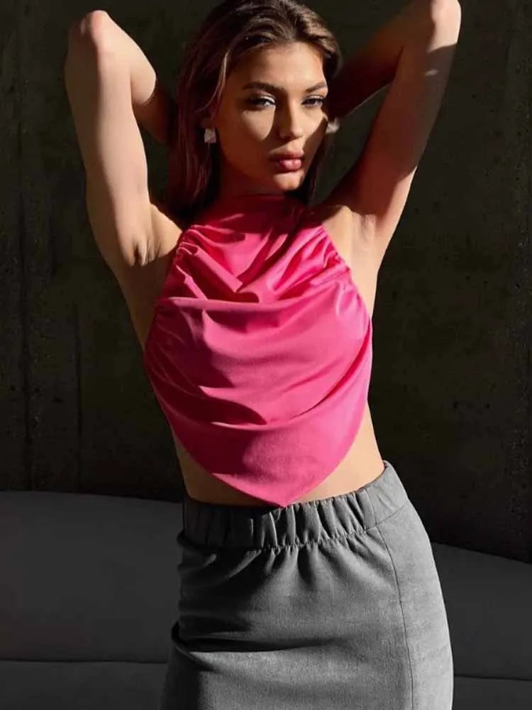 BKQU Satin Women Halter Top Solid Color Irregular Sexy Backless Slip Tank Top 2025 Summer New Party Hot Girl Y2k Ruched Camisole by KATA - Tropical Star