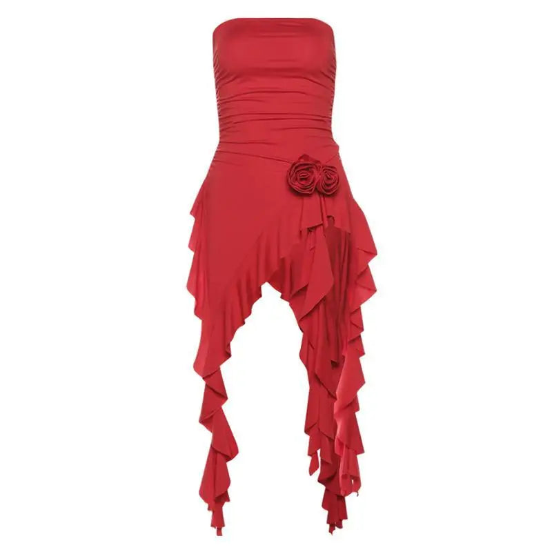 Women Bustier Tops Irregular 3D Roses Ruffle Slim Aesthetic Summer Chic Streetwear Tops Solid Red Womenswear Black White Sexy - Tropical Star
