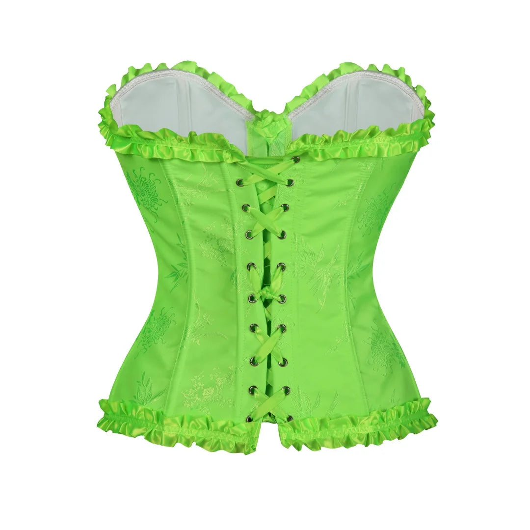 Yellow Jacquard Ruffled Trim Boned Sexy Overbust Push Up Bustier Top Corset Mujer Slimming Corsets For Women Sexy Gothic Clothes