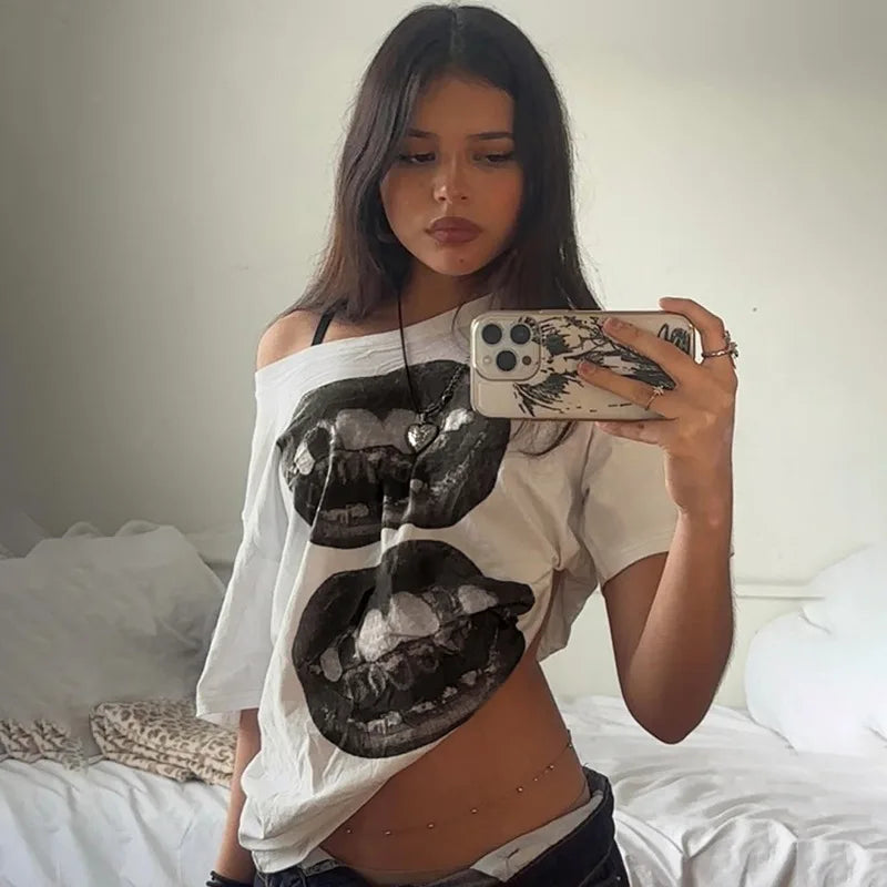 American Street Hip Hop Mouth Print Loose T-shirt Women Personalized Casual Top by KATA - Tropical Star