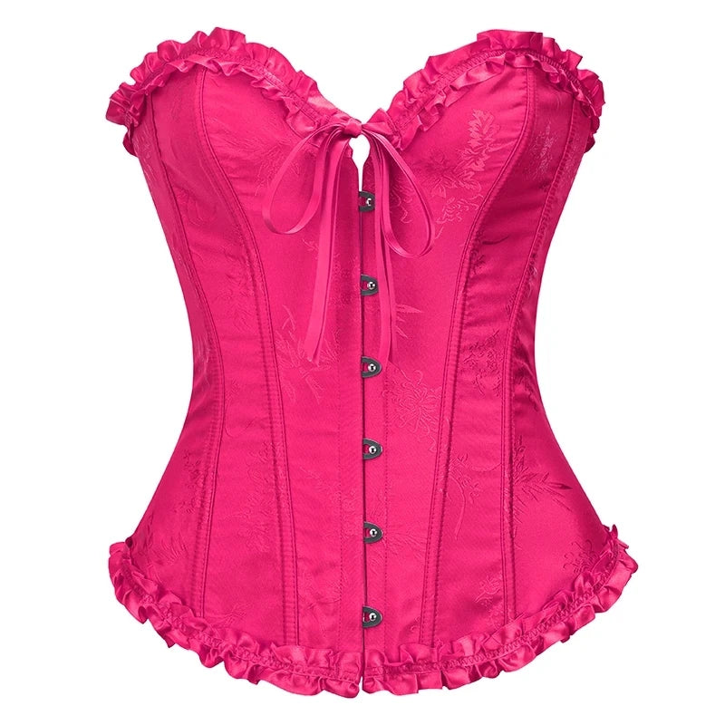 Yellow Jacquard Ruffled Trim Boned Sexy Overbust Push Up Bustier Top Corset Mujer Slimming Corsets For Women Sexy Gothic Clothes