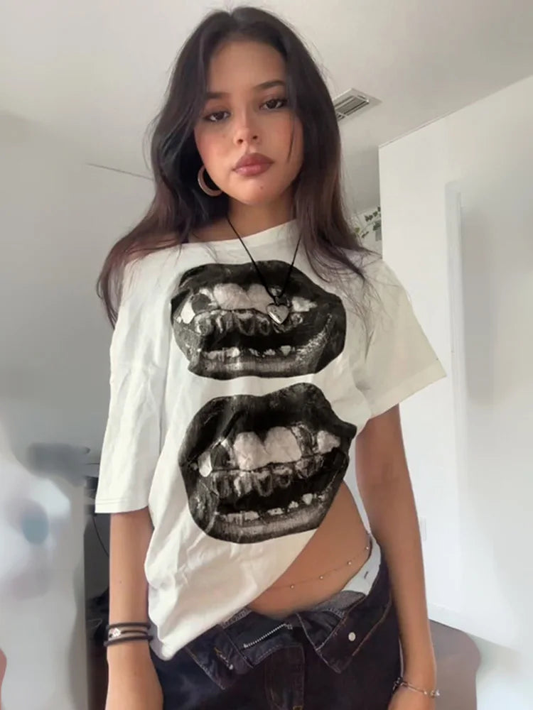 American Street Hip Hop Mouth Print Loose T-shirt Women Personalized Casual Top by KATA - Tropical Star