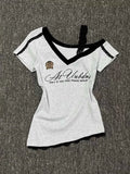 Millennium style Gothic Hot Girl Waist Splicing Lace Strap Short Sleeve T-shirt for Women 2025 New Summer navy blue slim fit top by KATA - Tropical Star