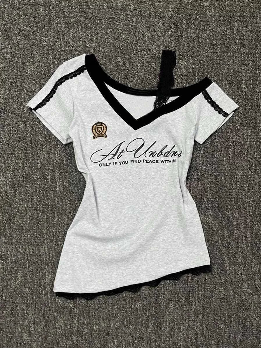 Millennium style Gothic Hot Girl Waist Splicing Lace Strap Short Sleeve T-shirt for Women 2025 New Summer navy blue slim fit top by KATA - Tropical Star