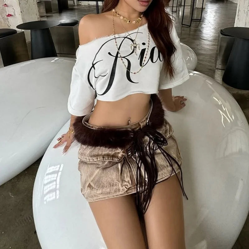 Puloru Off One Shoulder Crop Tops Women's Letter Print Short Sleeve Loose Fit T-Shirts Streetwear Grunge Clothes Casual Tees