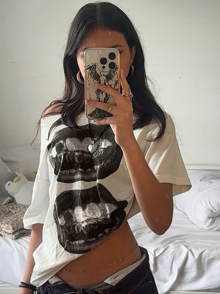 American Street Hip Hop Mouth Print Loose T-shirt Women Personalized Casual Top by KATA - Tropical Star