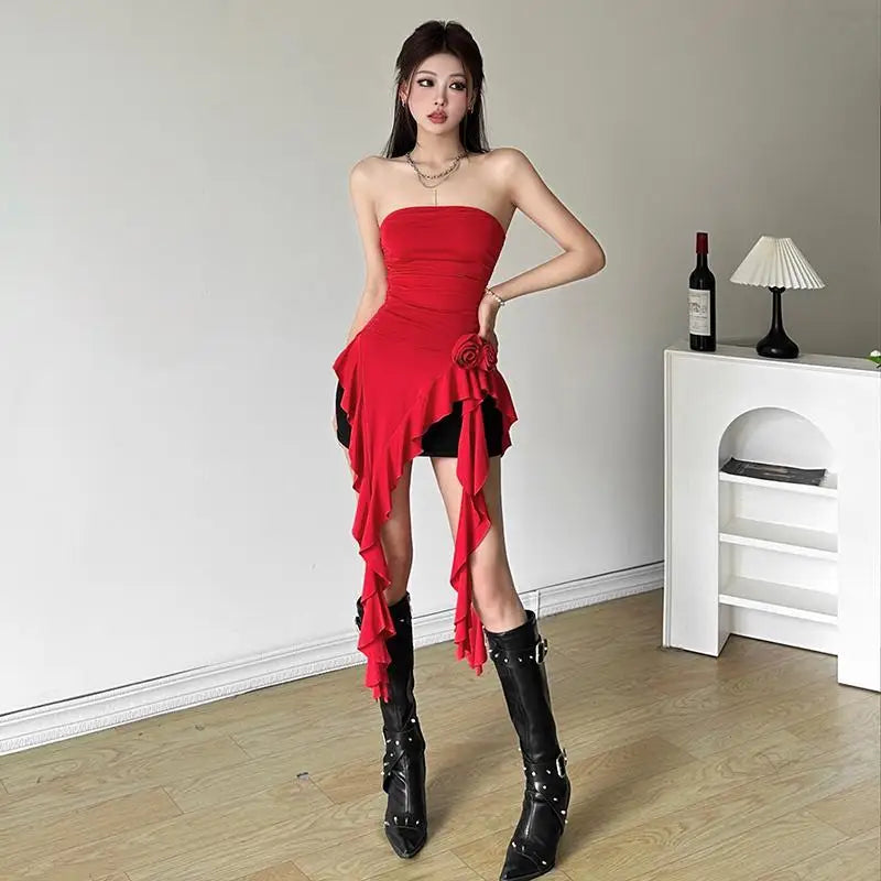 Women Bustier Tops Irregular 3D Roses Ruffle Slim Aesthetic Summer Chic Streetwear Tops Solid Red Womenswear Black White Sexy by KATA - Tropical Star