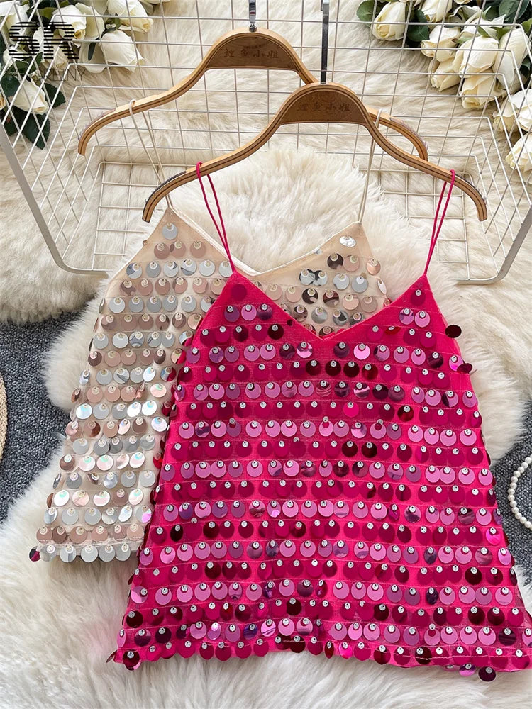 SINGREINY Sexy Sequined Club Mini Camis Sleeveless V Neck Solid Design Performance Camisoles Women Summer Hot Basics Party Tops