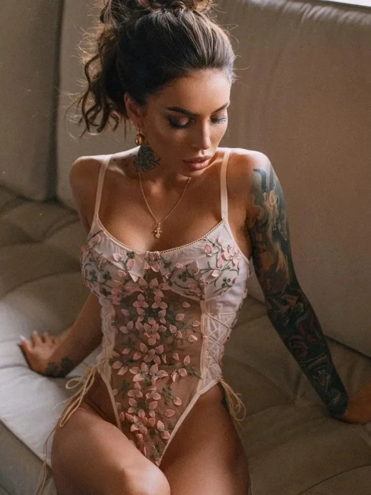 Porn Suit Floral Lace Embroidery Bodysuit Women Sexy Lingerie Bandage See Through Deep V Backless Body Suit Exotic Underwear