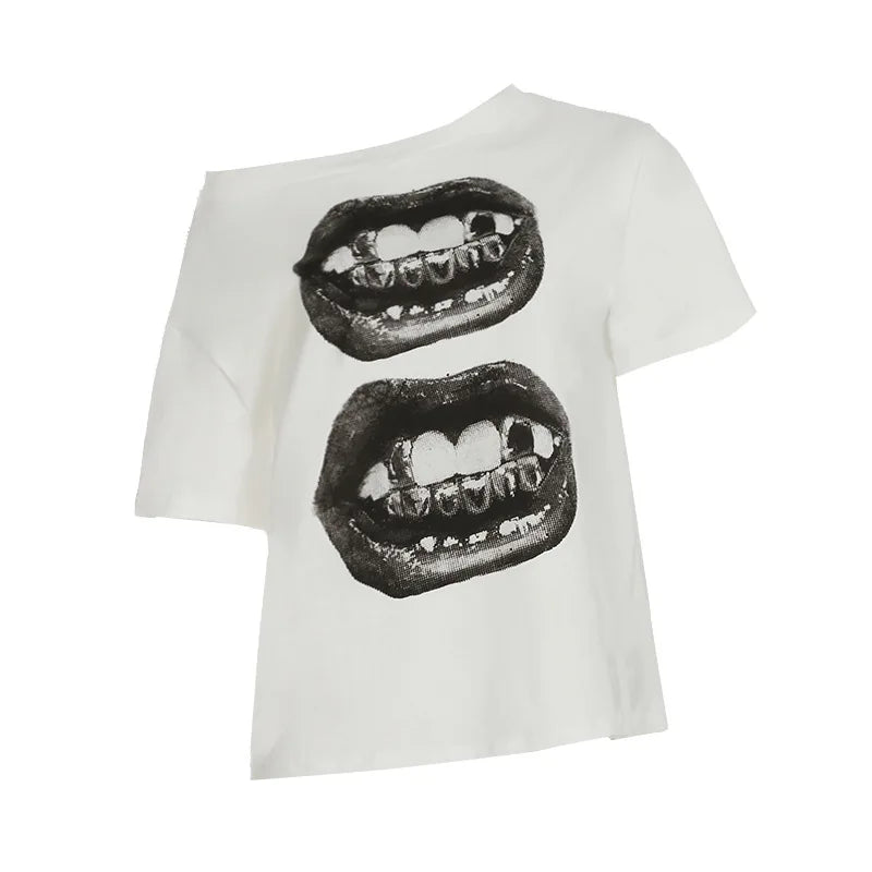American Street Hip Hop Mouth Print Loose T-shirt Women Personalized Casual Top by KATA - Tropical Star