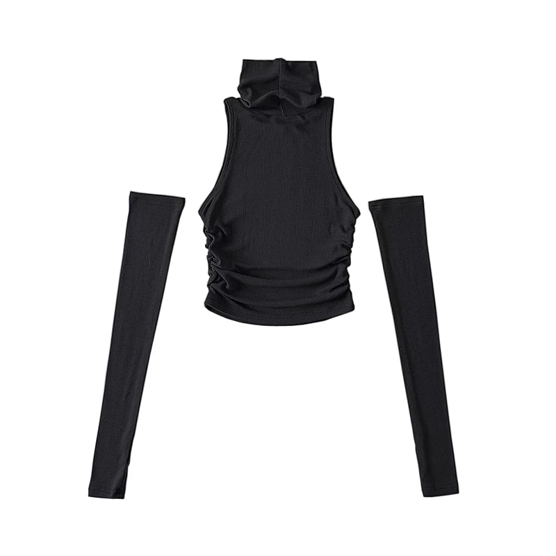 Woman Clothes Fall 2025 Tank Top Sleeve Cover Sleevless Side Pleats Turtleneck T-shirt Sexy Ribbed Knitted Tops Y2k 2529 by KATA - Tropical Star