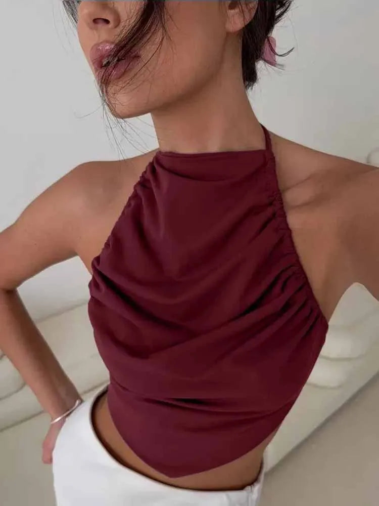 BKQU Satin Women Halter Top Solid Color Irregular Sexy Backless Slip Tank Top 2025 Summer New Party Hot Girl Y2k Ruched Camisole by KATA - Tropical Star