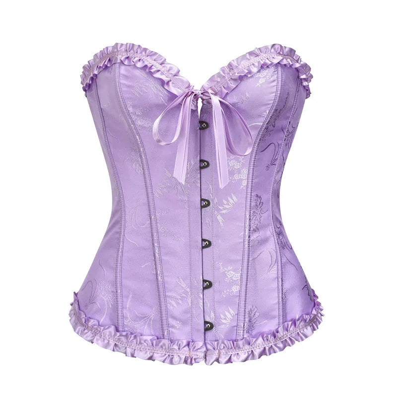 Yellow Jacquard Ruffled Trim Boned Sexy Overbust Push Up Bustier Top Corset Mujer Slimming Corsets For Women Sexy Gothic Clothes