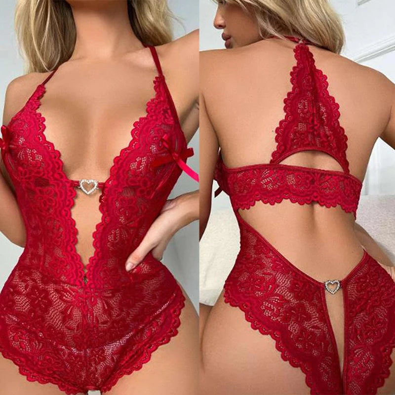 Women Lace Body Suit Sexy Lingerie Sleepwear Mesh Lace Floral Deep V See-through Teddies Bodysuits Naughty Eroctic Costumes by KATA - Tropical Star