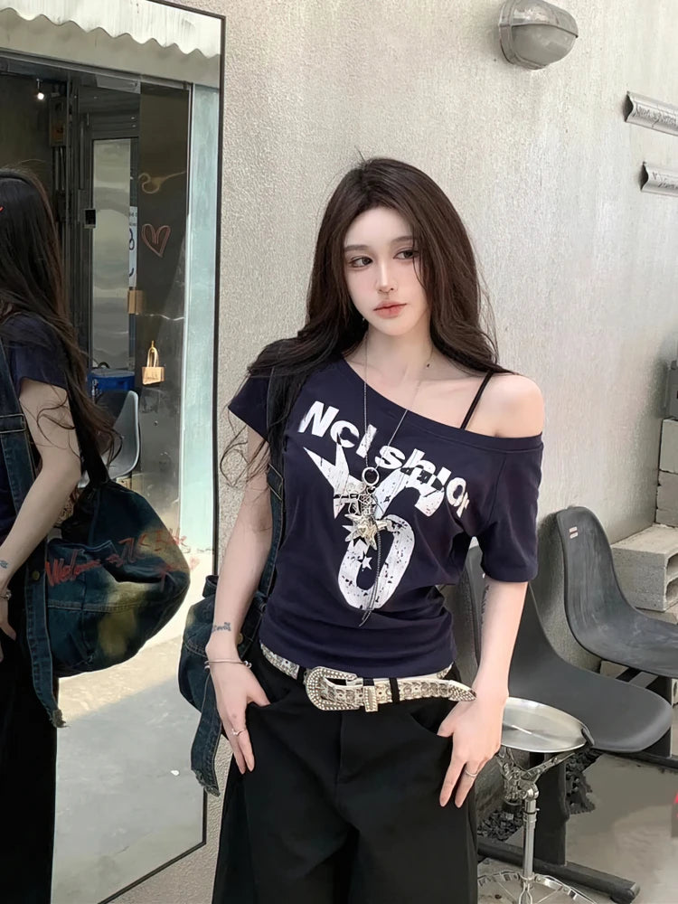 Y2k Sport Summer Off shoulder Top Women Sexy Vintage 2000s Short sleeve T shirt Lady Body Basic Crop Top Female Casual by KATA - Tropical Star